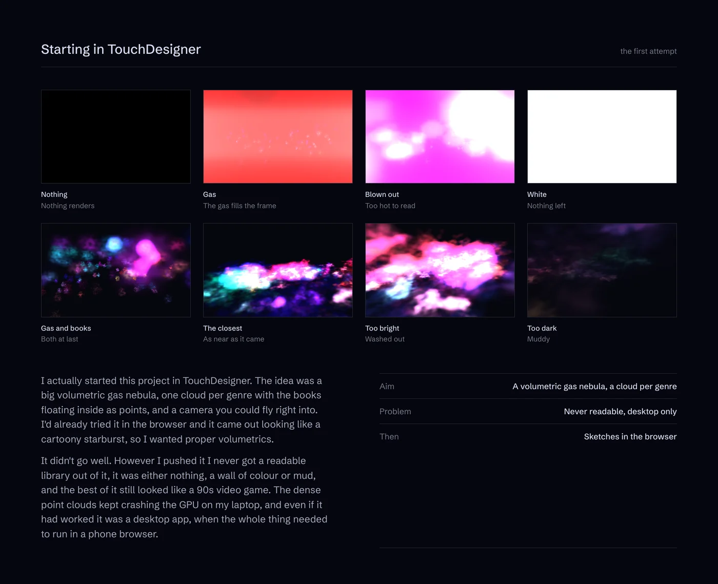 Starting in TouchDesigner: a volumetric gas nebula that never became readable.
