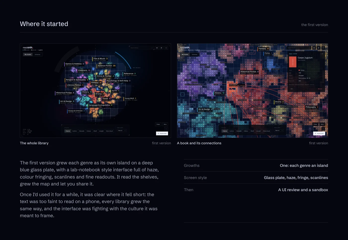 The first version: one growth, a glass plate with haze and scanlines.